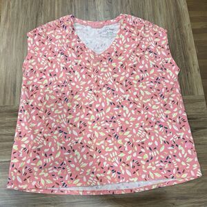 LL Bean Pink Sleeveless Cotton Blend V-Neck Leaf Print Top Women Size 1X Plus